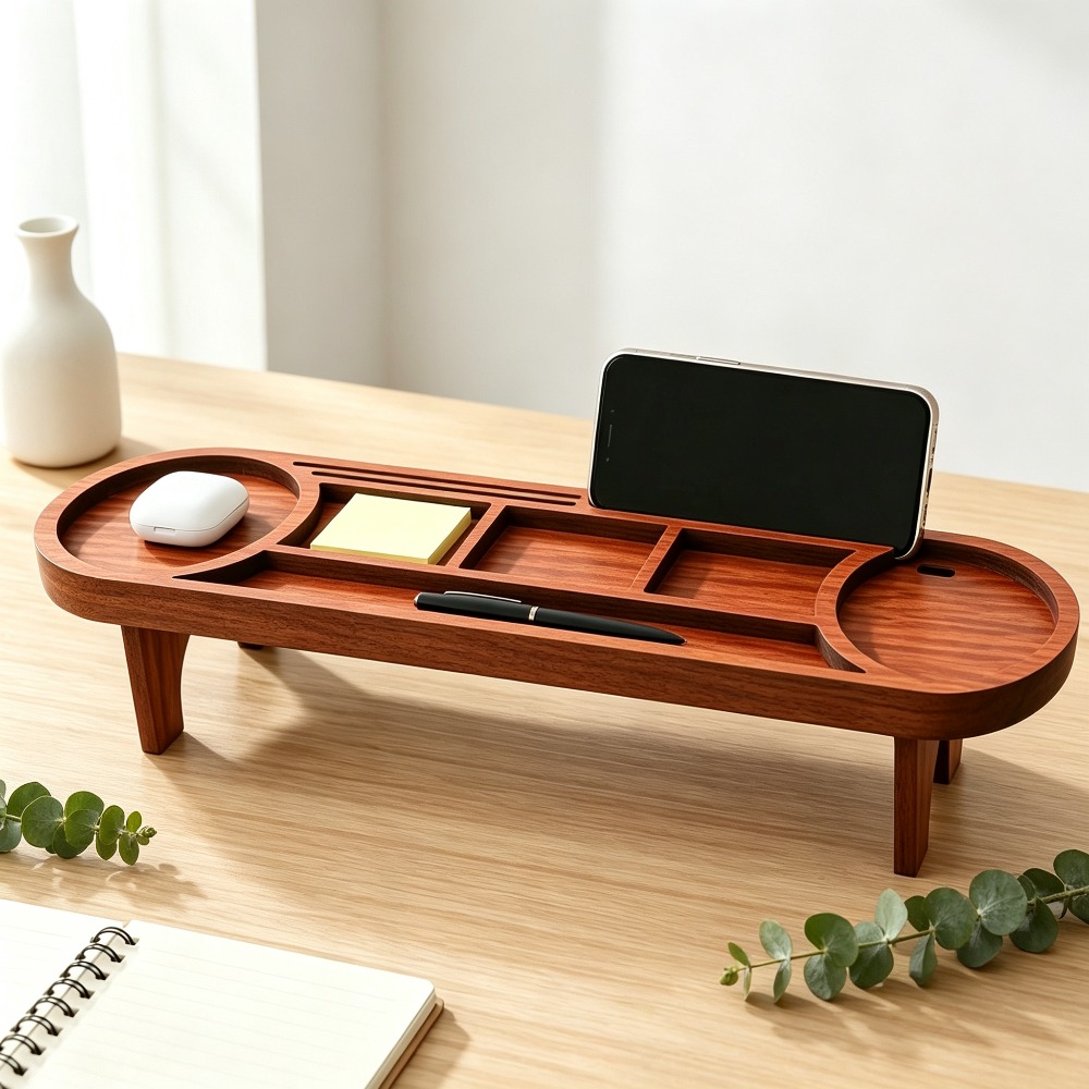 Tech Desktop Accessories - Wooden Desk Organizer with Phone Stand
